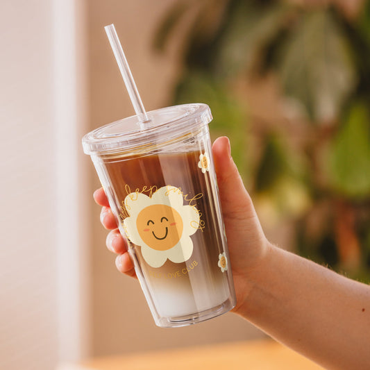 tumbler with a smiling flower graphic and the quote always keep smiling
