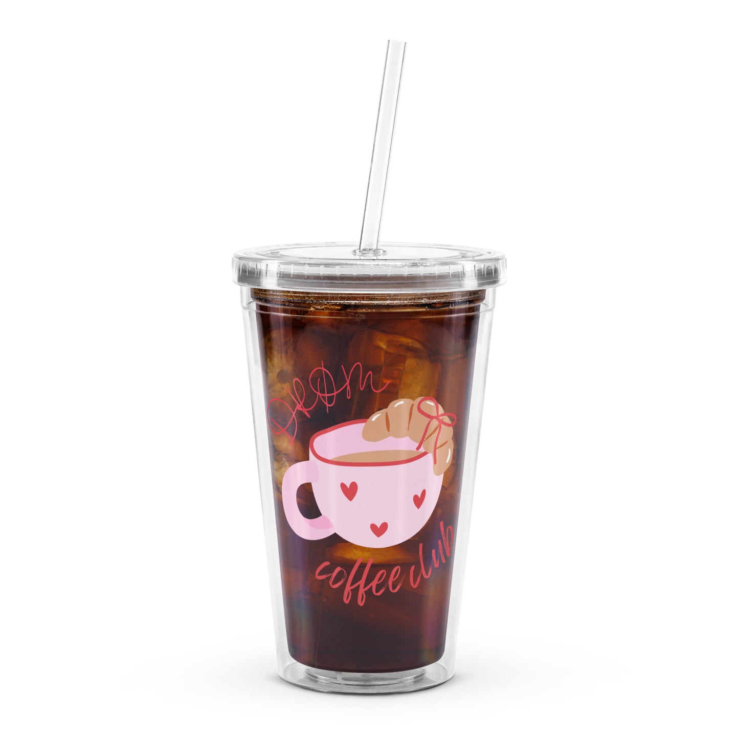 Clear tumbler with a pink coffee cup design and 'coffee club' text on a white background