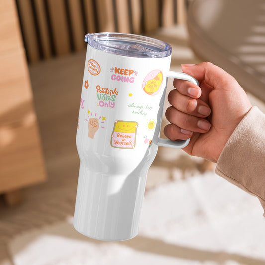 woman holding a travel mug tumbler with affirmations 