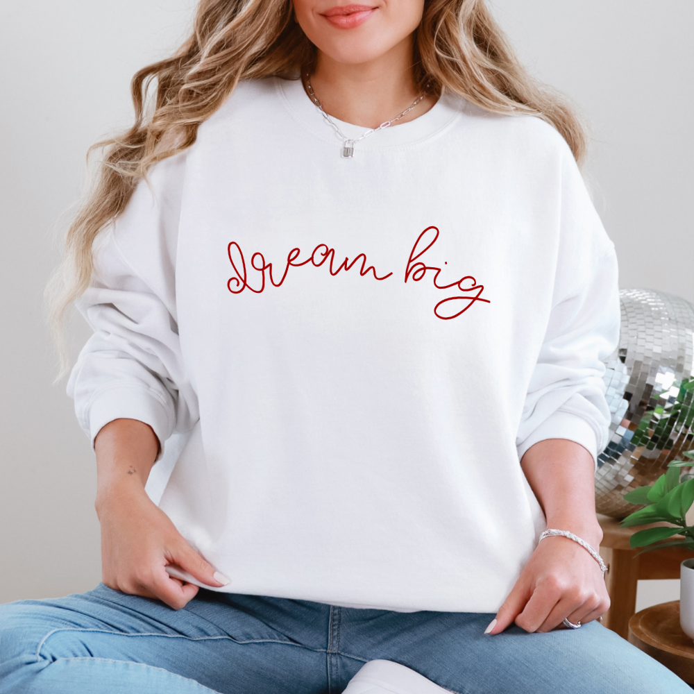 Person wearing a white sweatshirt with 'Dream big' in red text, sitting indoors.