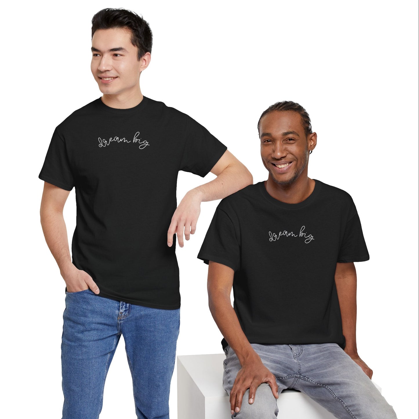 Two men wearing black t-shirts with 'dream big' text on a white background