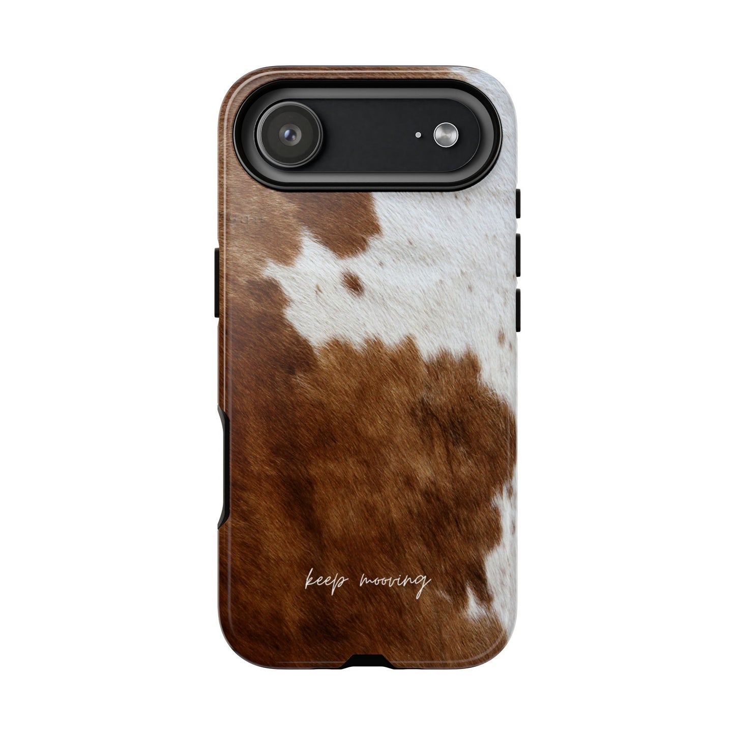 Phone case with brown and white cow print pattern and 'keep moving' text on a white background