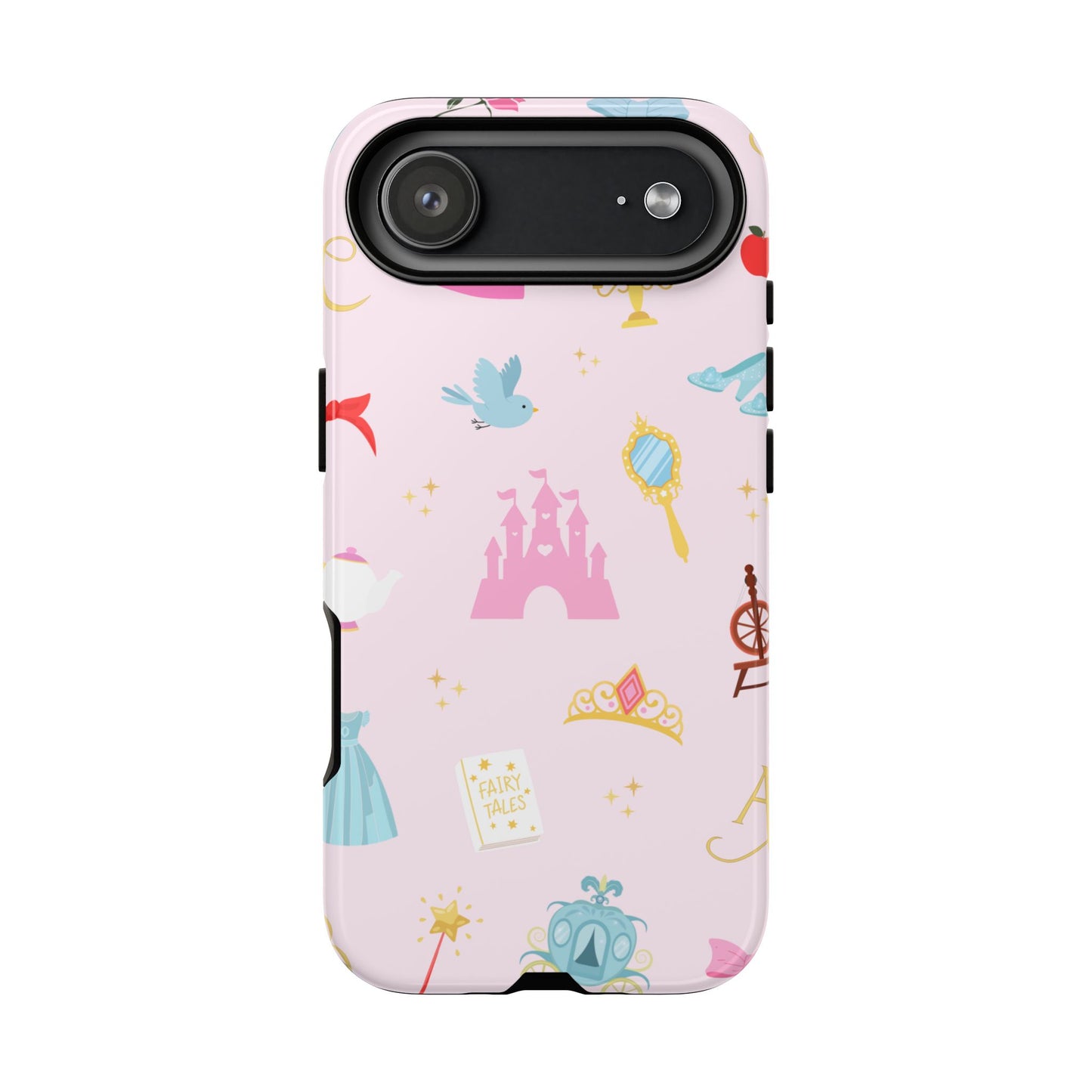 Phone case with princess-themed design on a pink background
