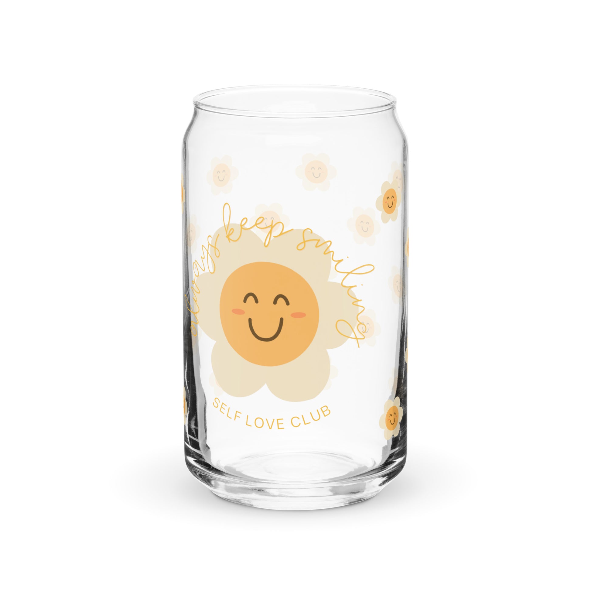 Clear glass with a sunflower design and text on a white background