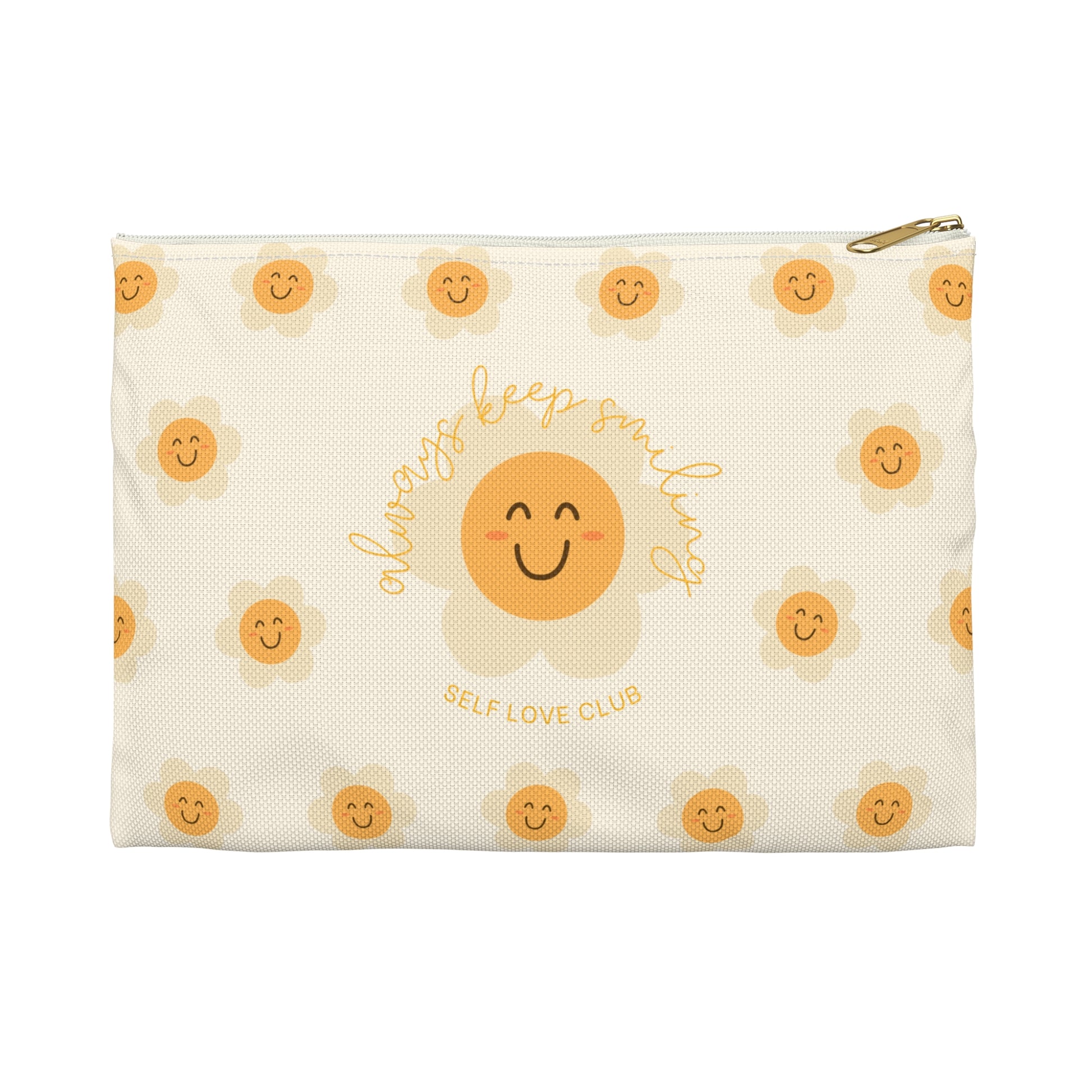 Pouch with smiling flower patterns and 'Self Love Club' text on a white background