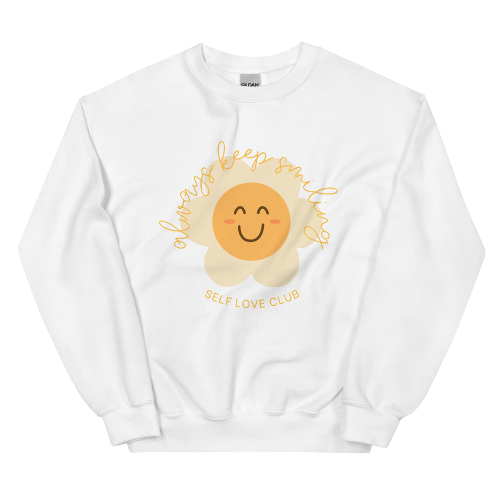 White sweatshirt with a flower graphic and 'Self Love Club' text on a white background