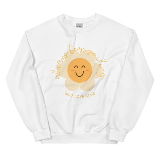 White sweatshirt with a flower graphic and 'Self Love Club' text on a white background