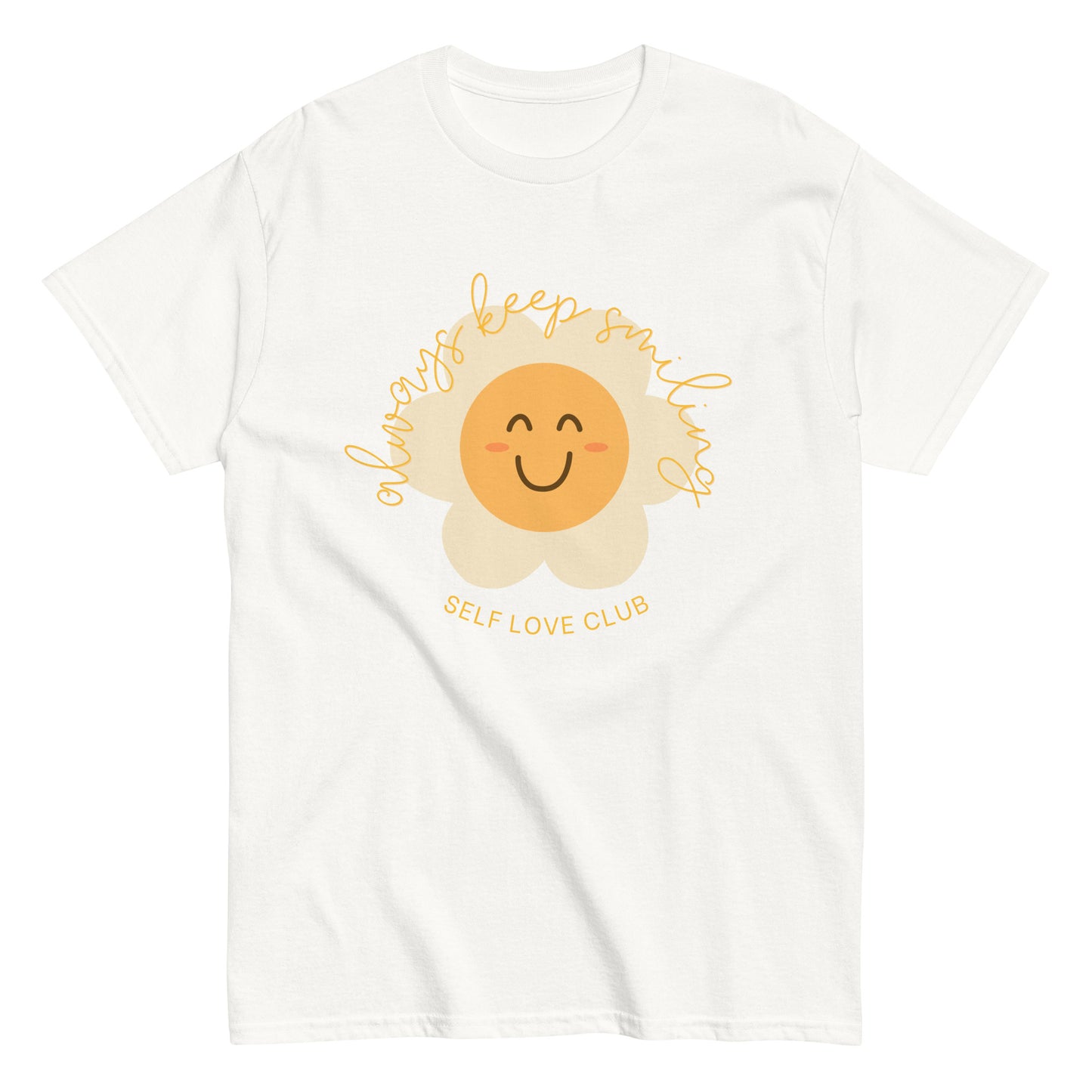 White t-shirt with a smiling flower graphic and 'Self Love Club' text on a white background