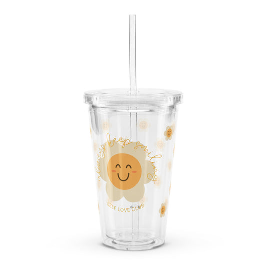 tumbler with a smiling flower graphic and the quote always keep smiling