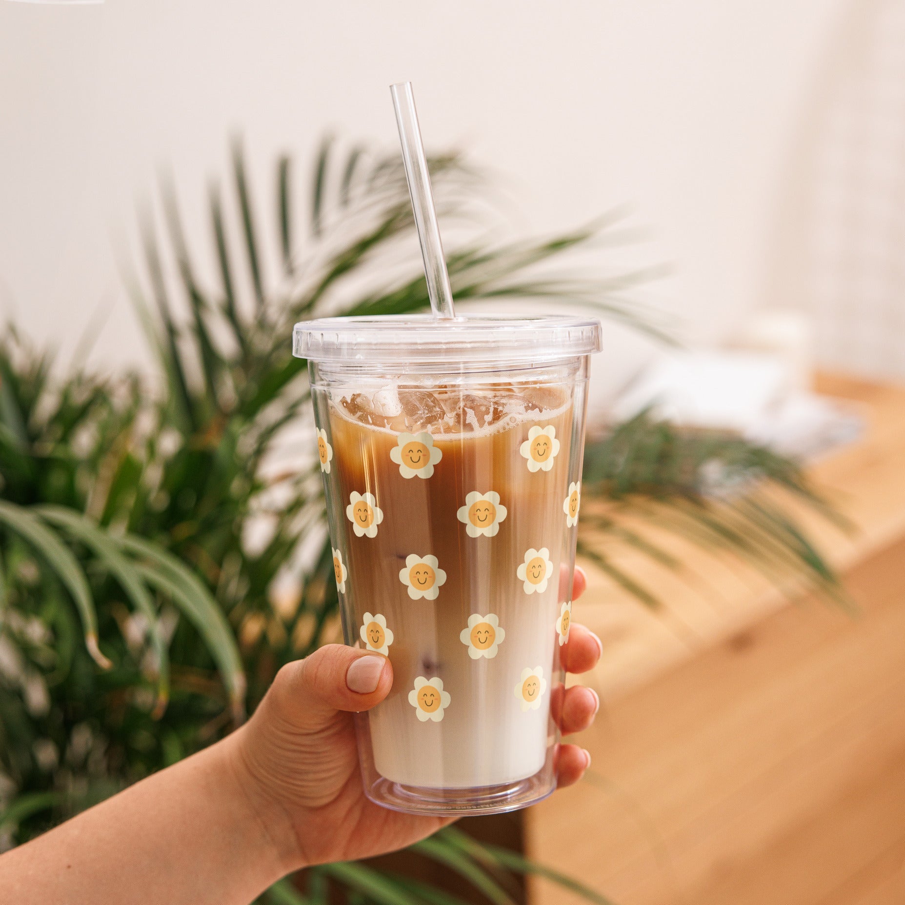 tumbler with a smiling flower graphic and the quote always keep smiling