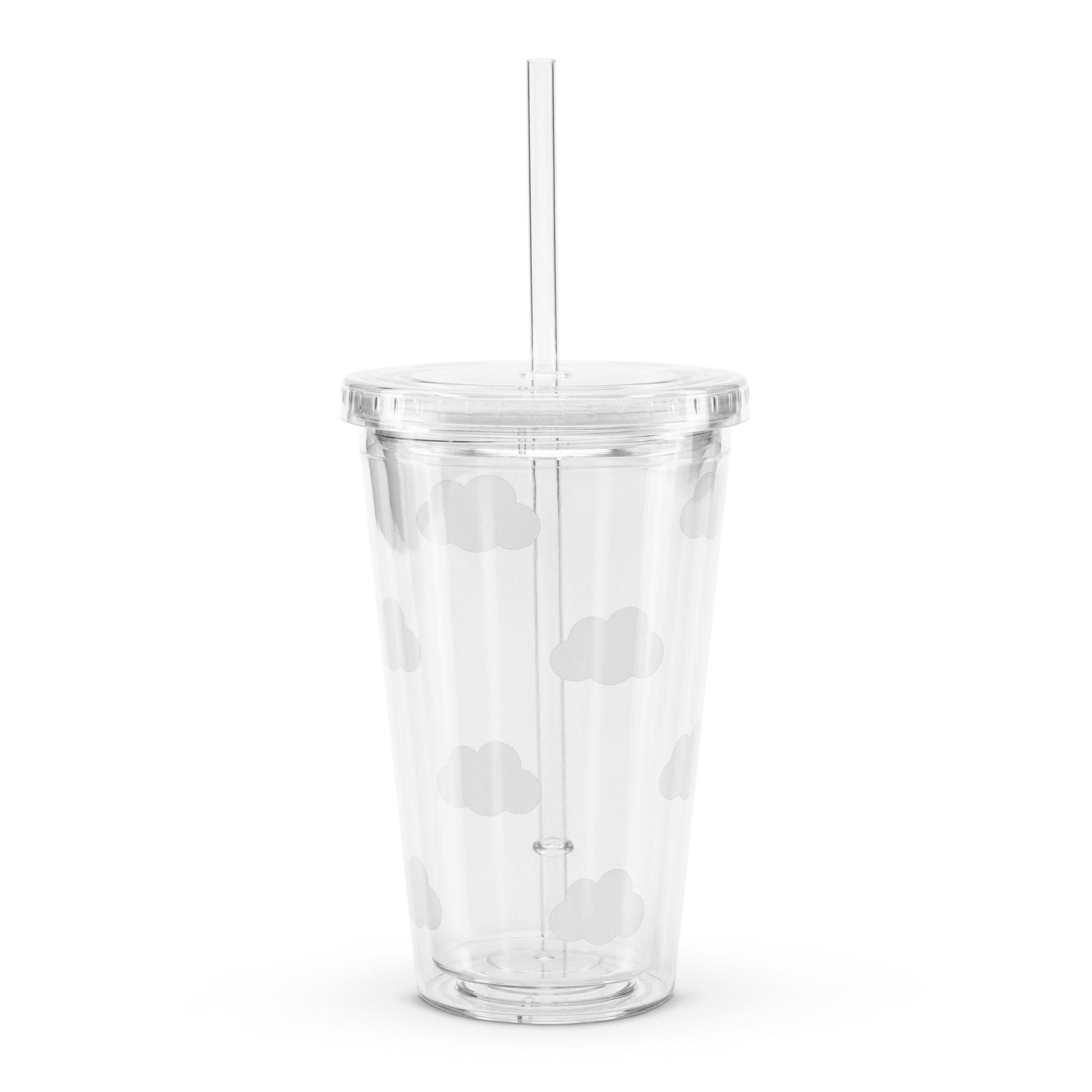 Clear tumbler with a straw on a white background