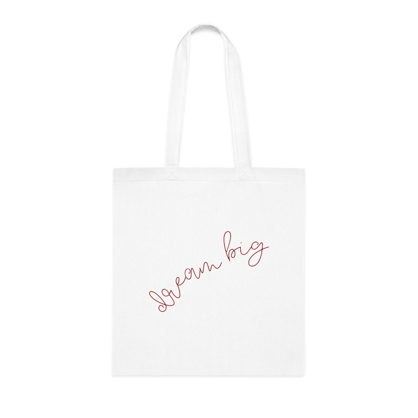 White tote bag with 'Dream Big' text on a white background
