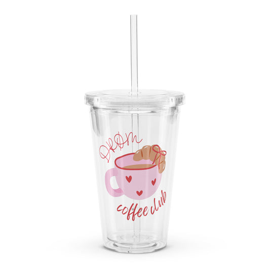 acrylic cup with a pink coffee cup and the text coffee club