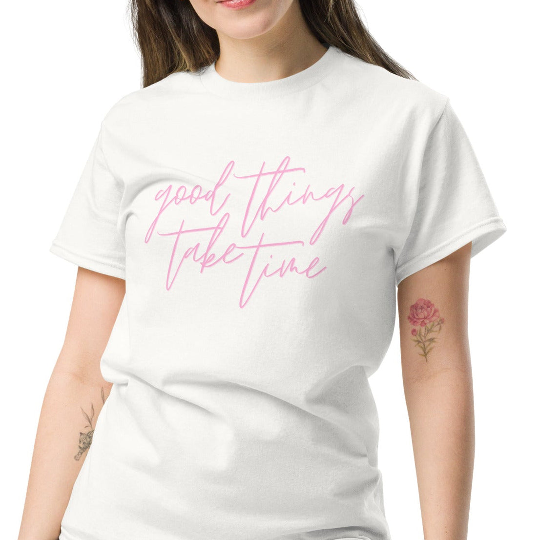 woman wearing a white t-shirt with the text good things take time