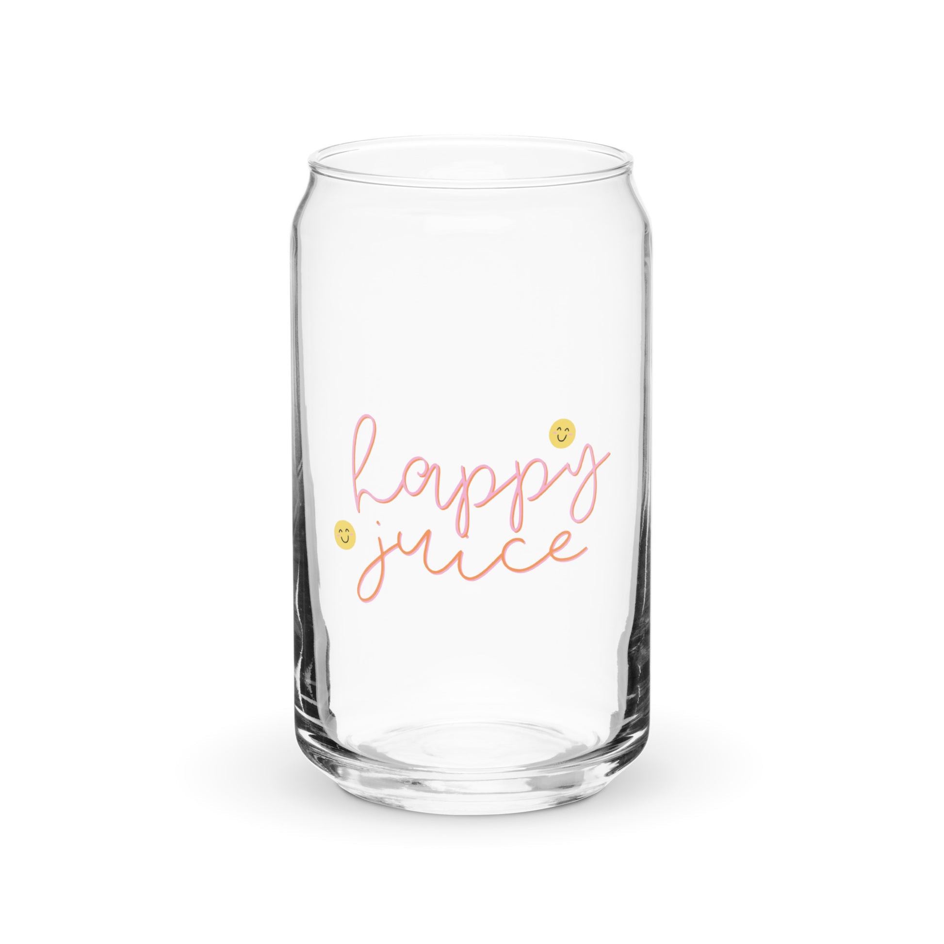 Clear glass tumbler with 'happy juice' text on a white background 