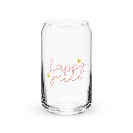 Clear glass tumbler with 'happy juice' text on a white background 