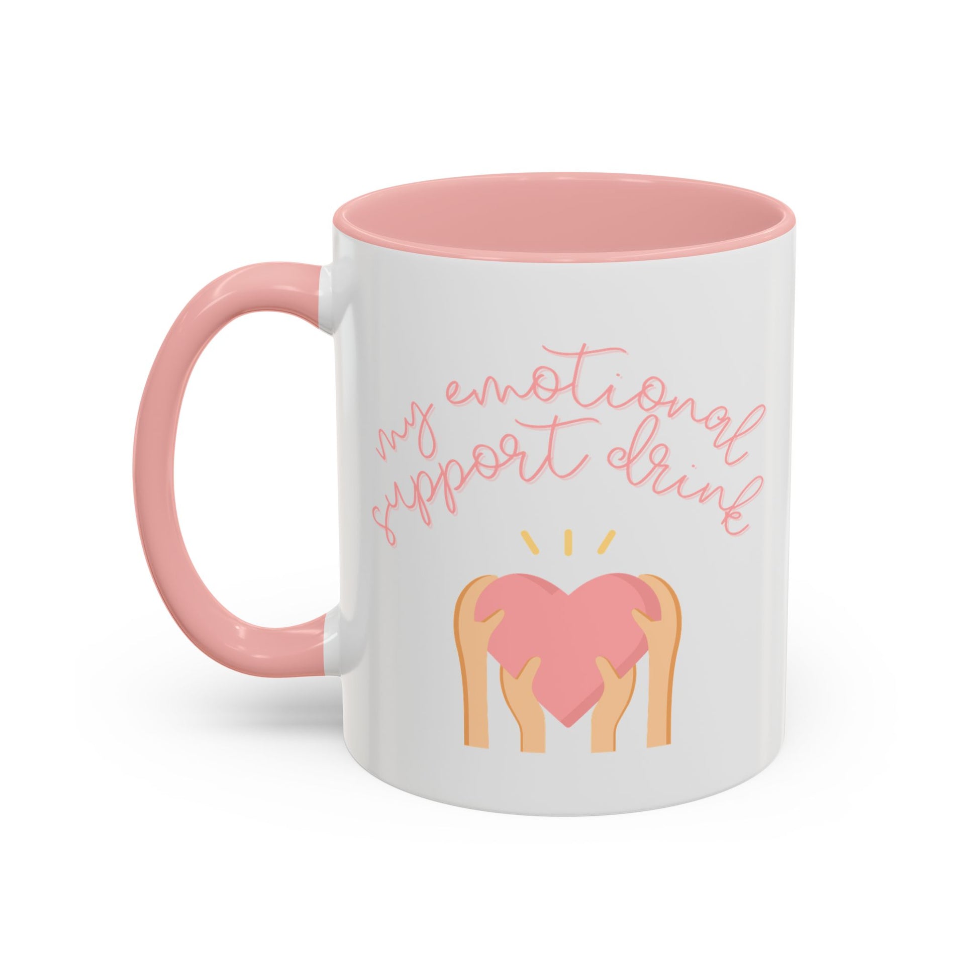 White mug with pink interior and handle, featuring a heart design and text on a white background.