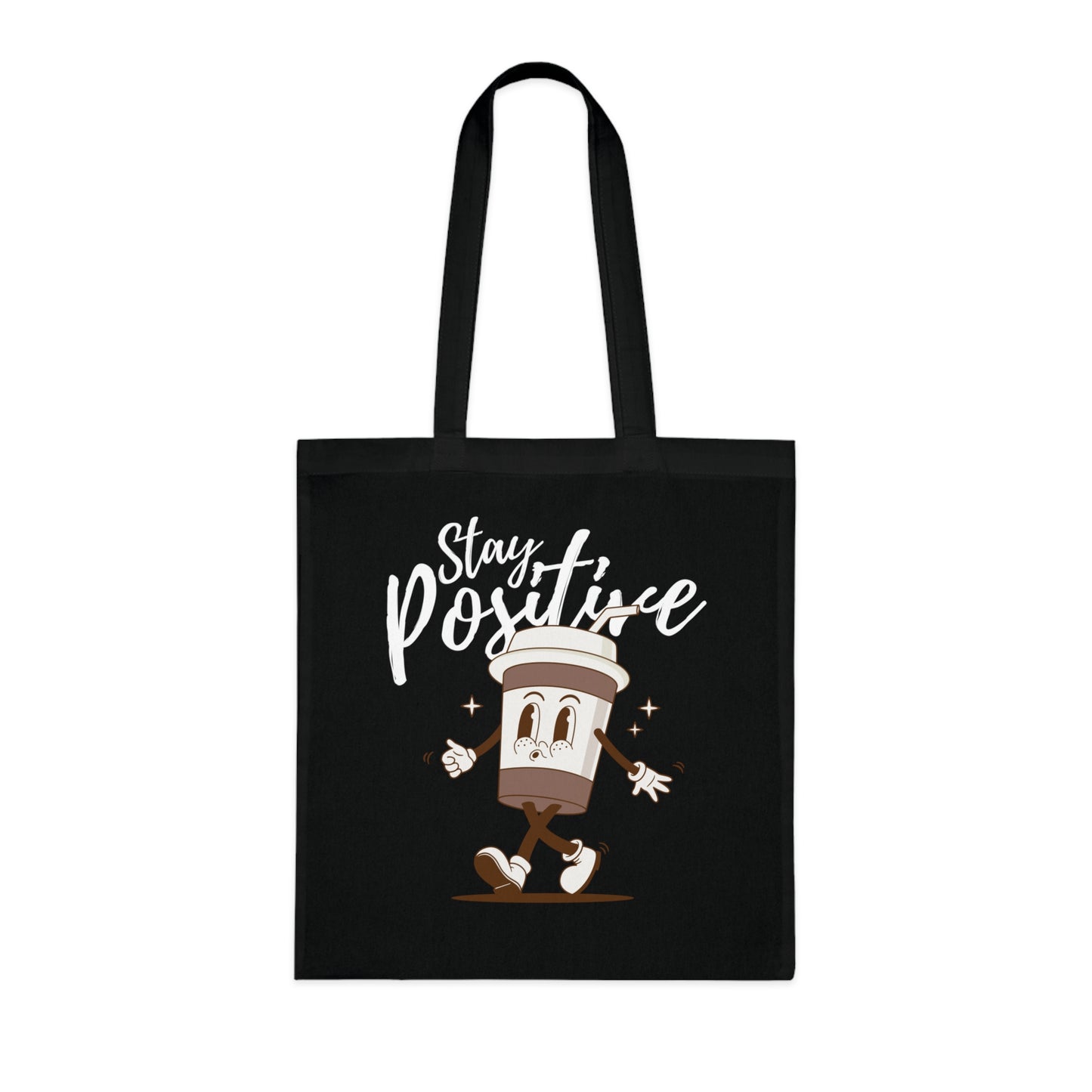 Black tote bag with cartoon character and 'Stay Positive' text on a white background