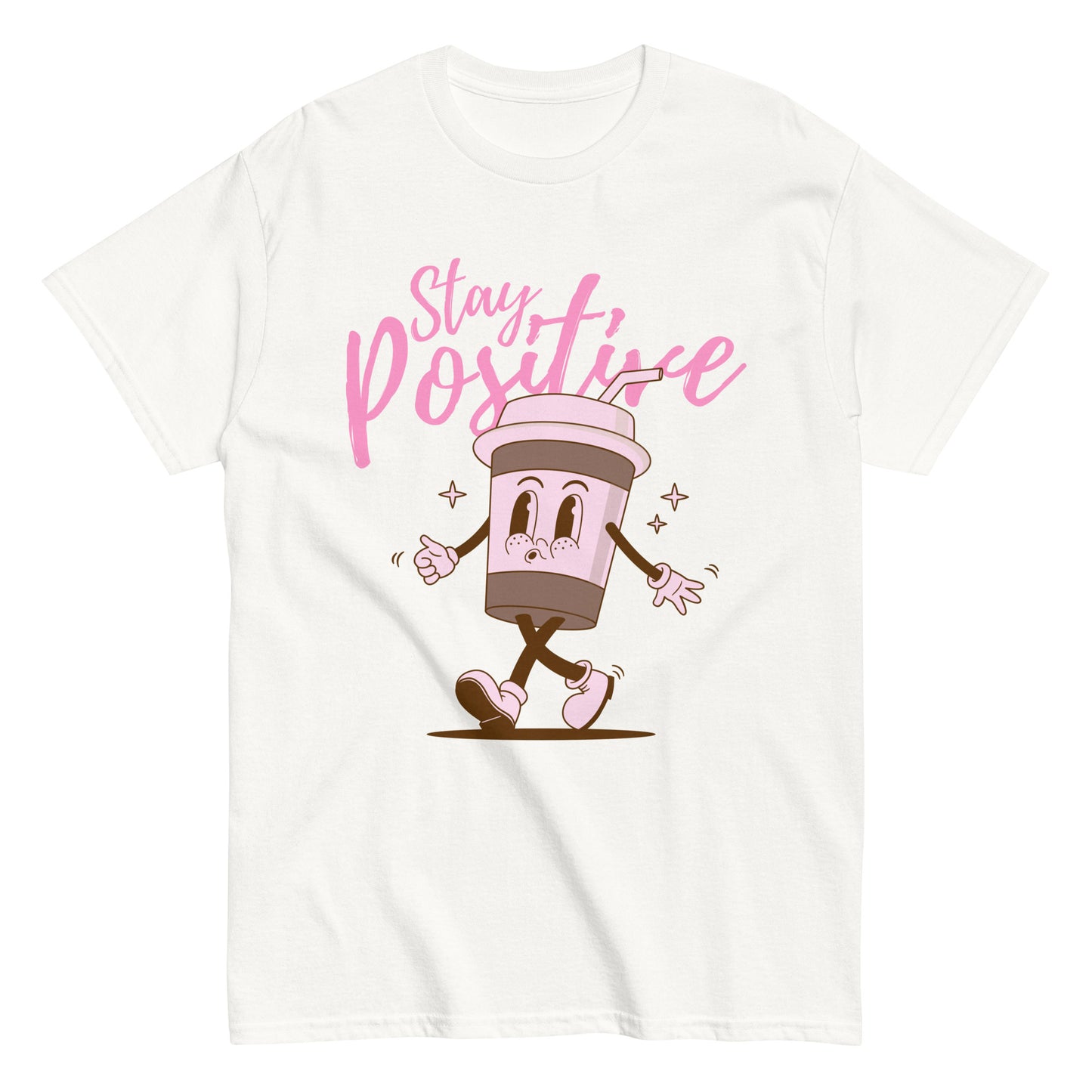 white tshirt with a coffee character and the quote stay positive