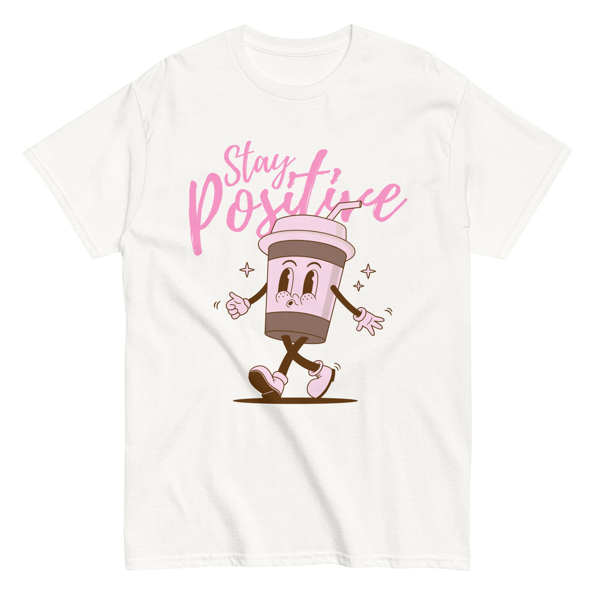 white tshirt with a coffee character and the quote stay positive